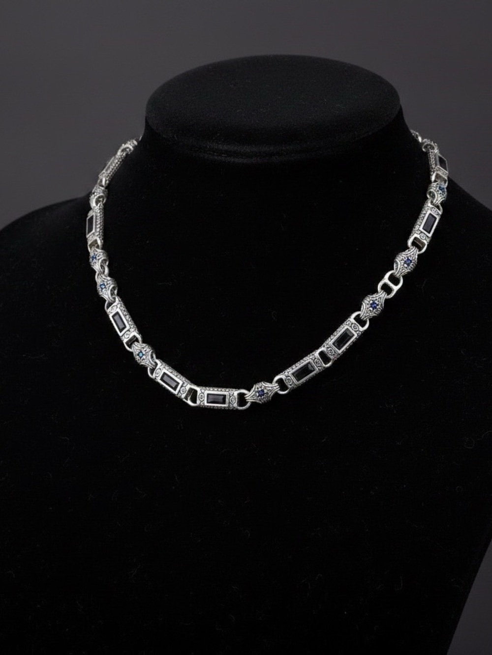 Unisex ancient look Silver color Blue Link Necklace - Women ,Men Jewelry